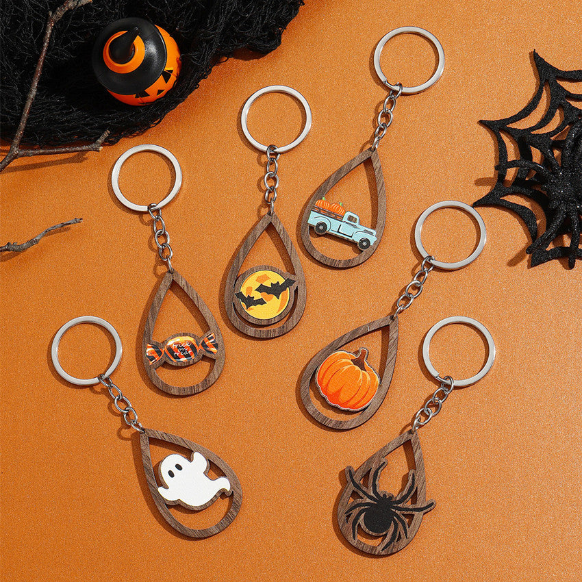 Wholesale Halloween Ghost Bat Pumpkin Candy Water Drop Wooden Keychain